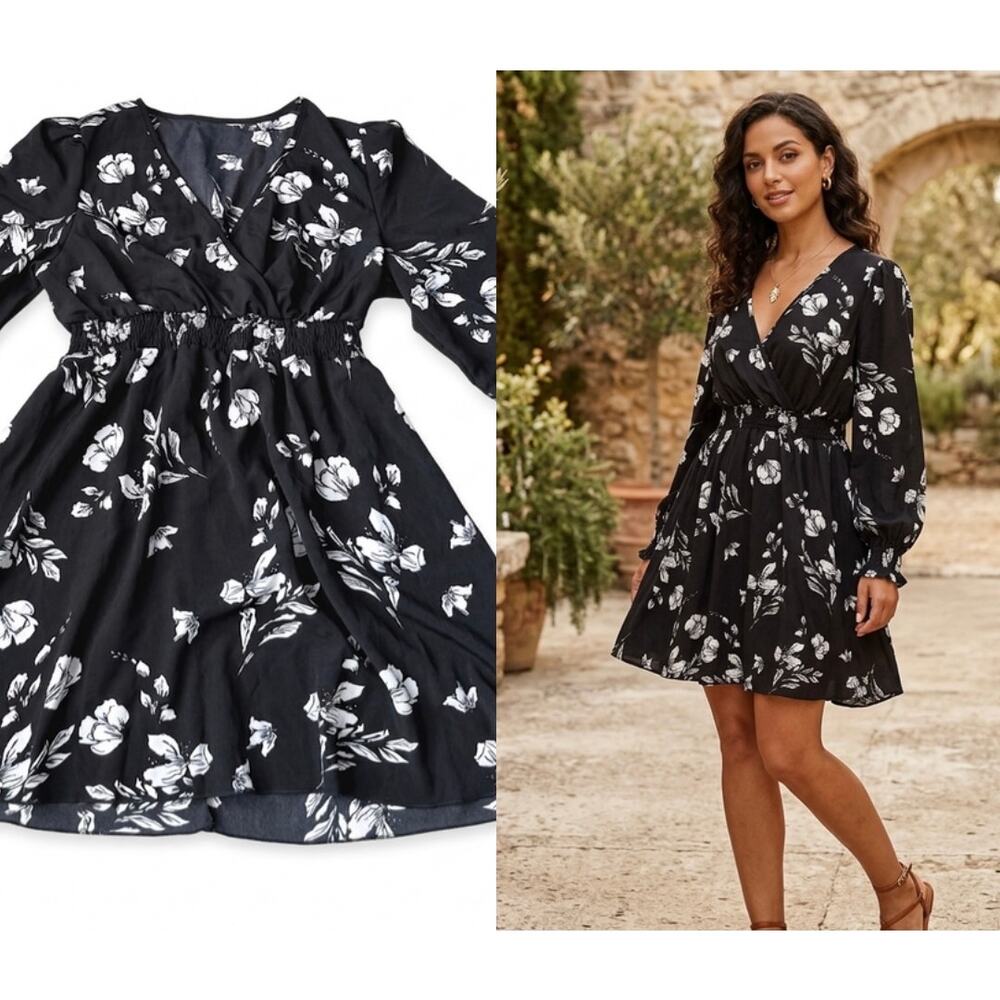 Boutique Black & White Floral Wrap Smocked Mini Dress Size L